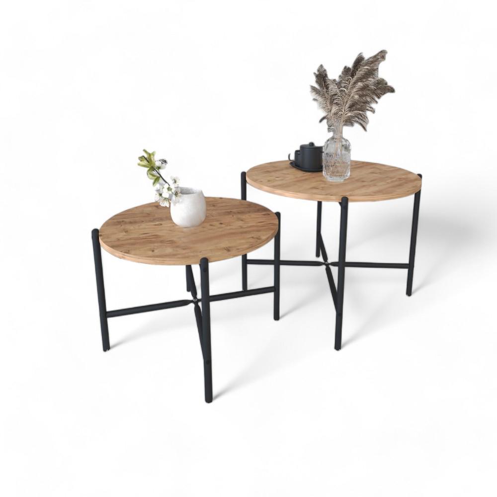 2 SETS ROUND COFFEE TABLE - PINE